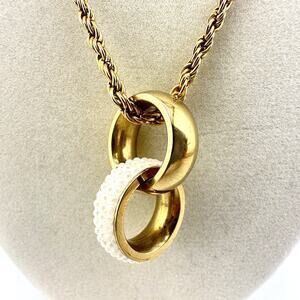 18” Gold Tone LVJ Italy Interlocking Rings Faux Pearl Pavé Pendant Necklace
